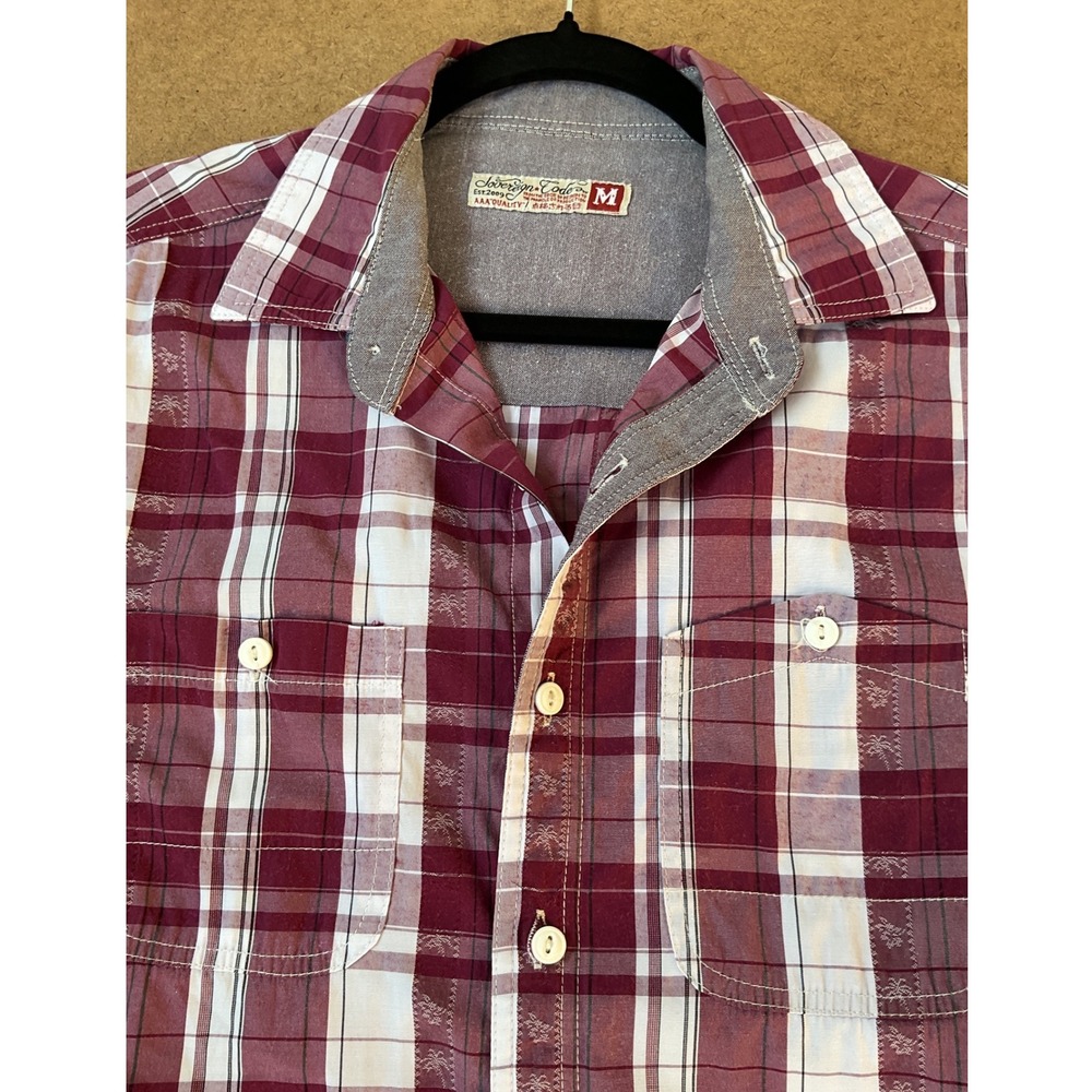 Sovereign Code Mens Short Sleeve Plaid Button Down Shirt Burgundy Palm Tree Med